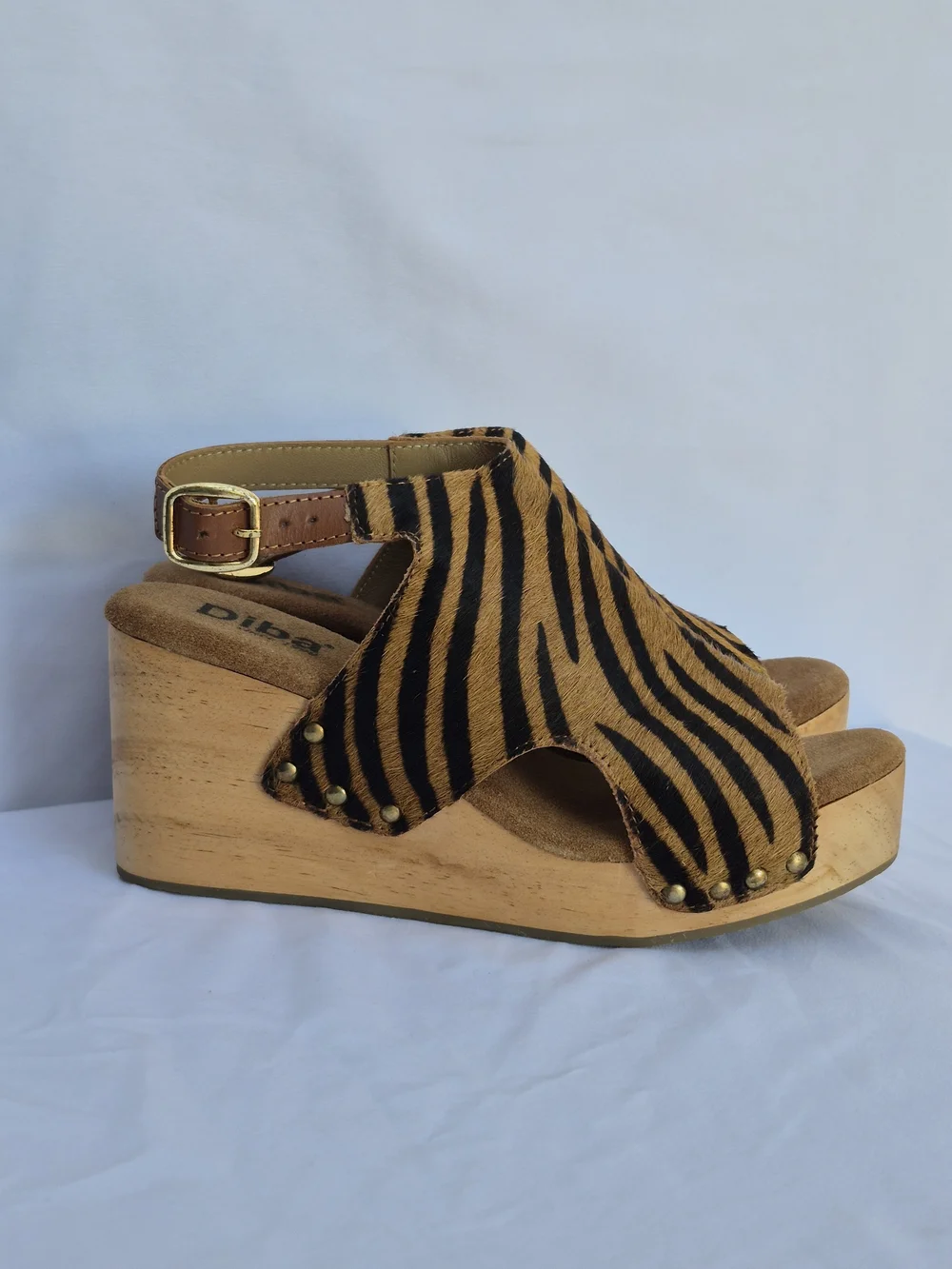 DIBA Zebra Print Leather Cow Fur Women's Wedge Heel Sandals Size 7.5
